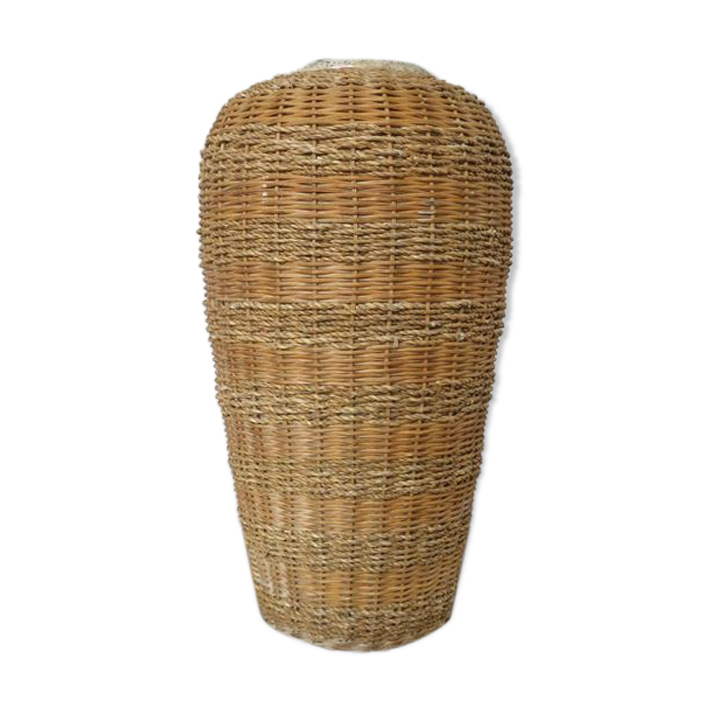 Rattan vase, braided rope and 80s ceramics