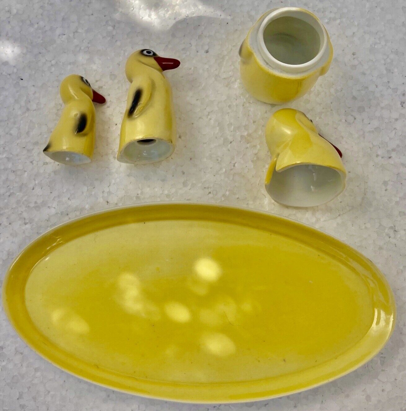 salt shaker, pepper shaker, mustard Set condiment service, porcelain Pfeffer Gotha - penguins