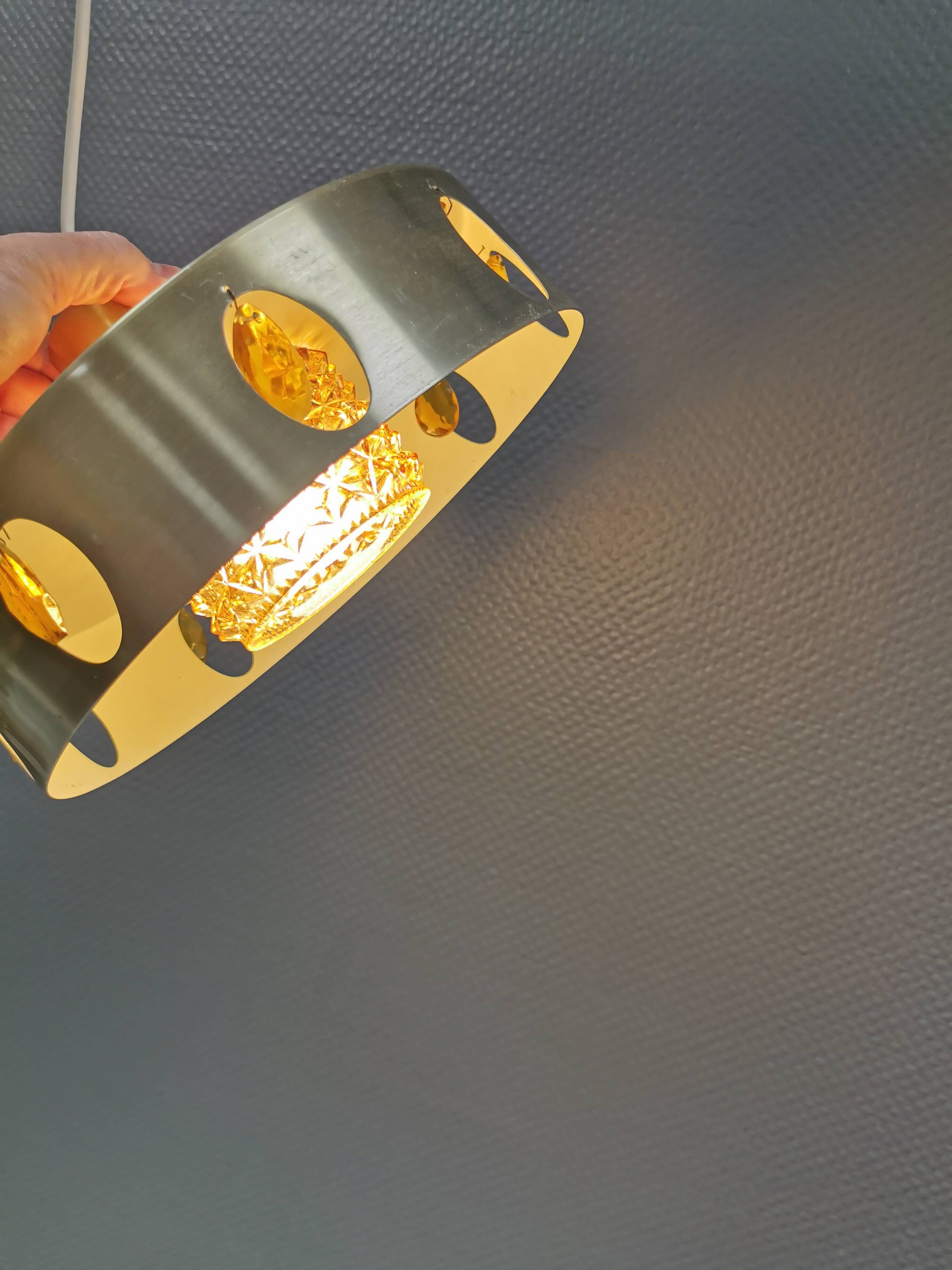 Danish hanging lamp made of glass, metal and with amber colored prisms