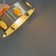 Danish hanging lamp made of glass, metal and with amber colored prisms