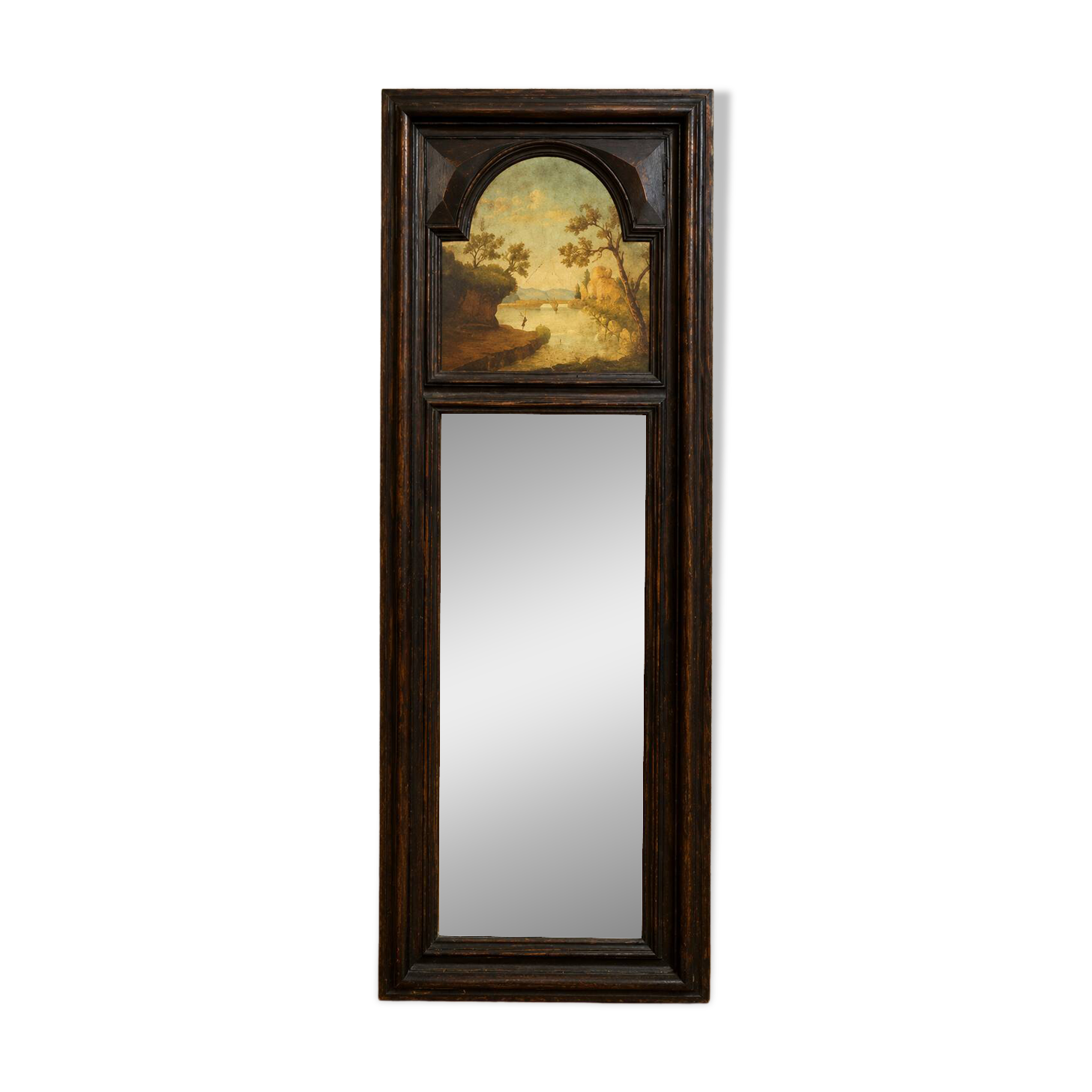 Dark wood trumeau with a mirror and landscape painting.