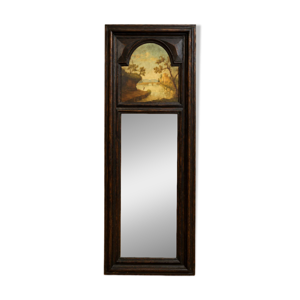 Trumeau en bois fonçé à miroir et peinture de paysage