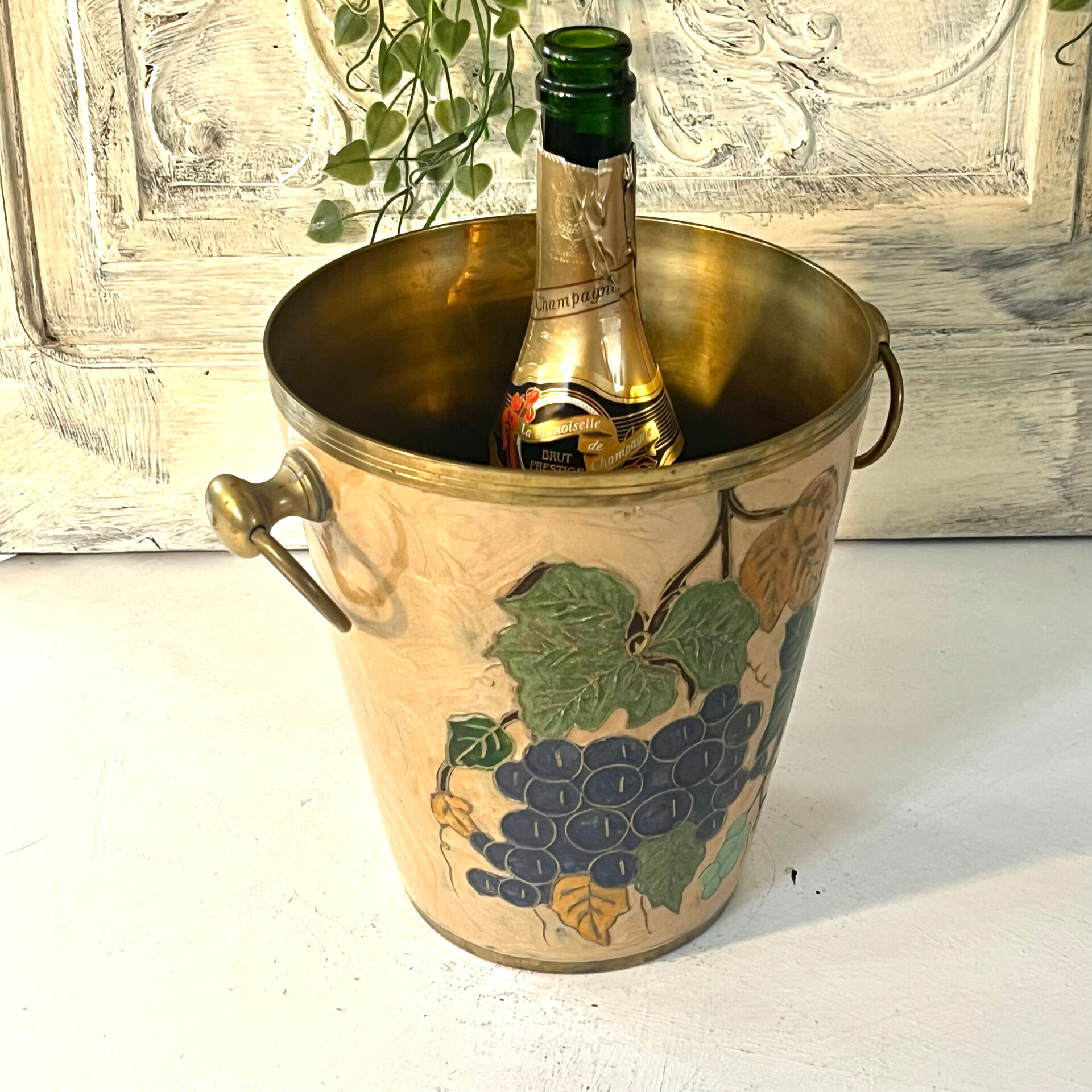 French vintage cloisonne champagne bucket with grape and vine design