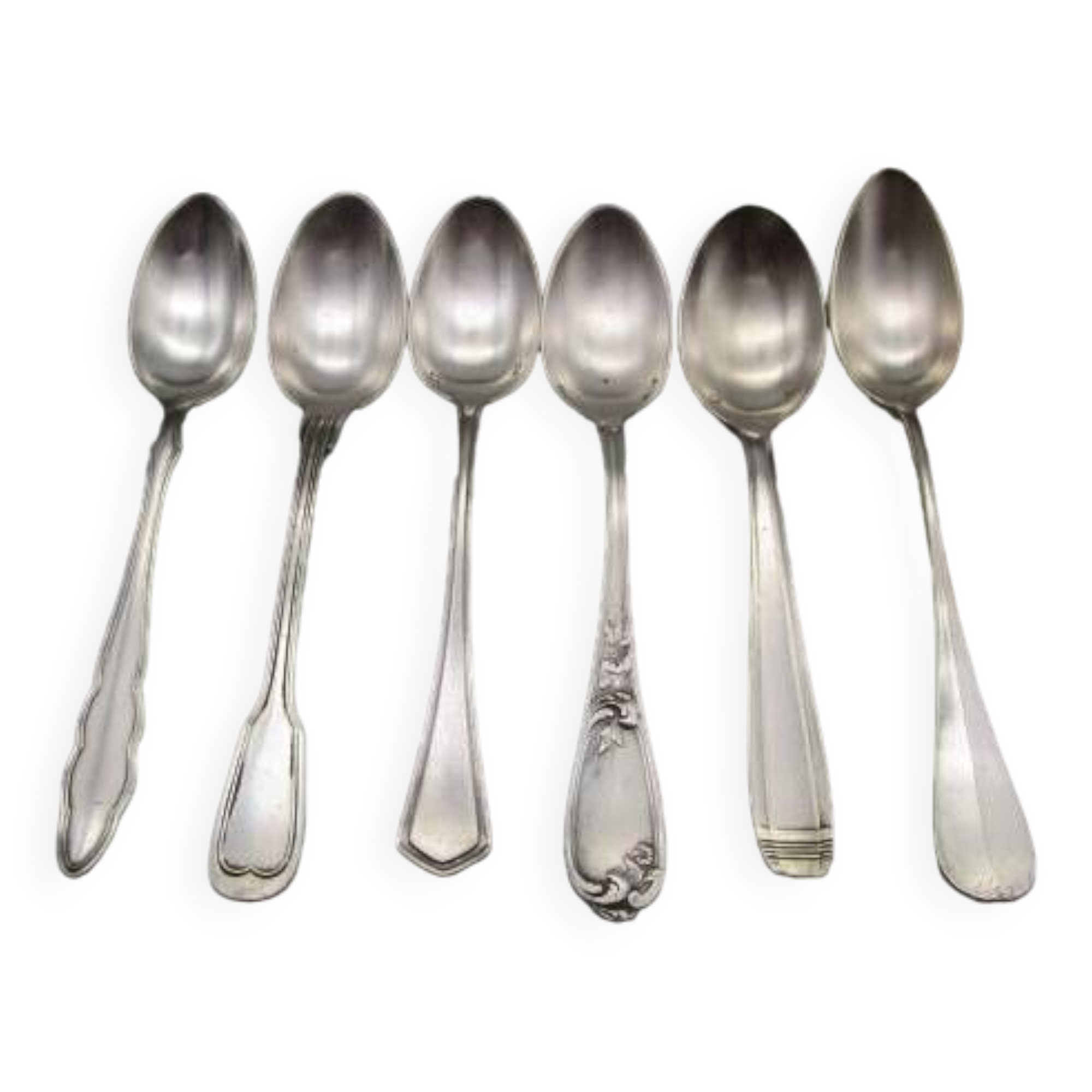 Set of 6 small mismatched old silver metal spoons for a chic table
