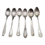 Set of 6 small mismatched old silver metal spoons for a chic table