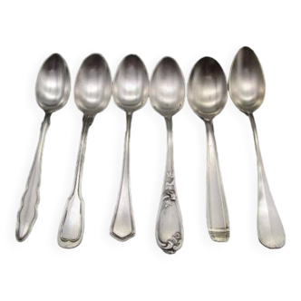 Set of 6 small mismatched old silver metal spoons for a chic table