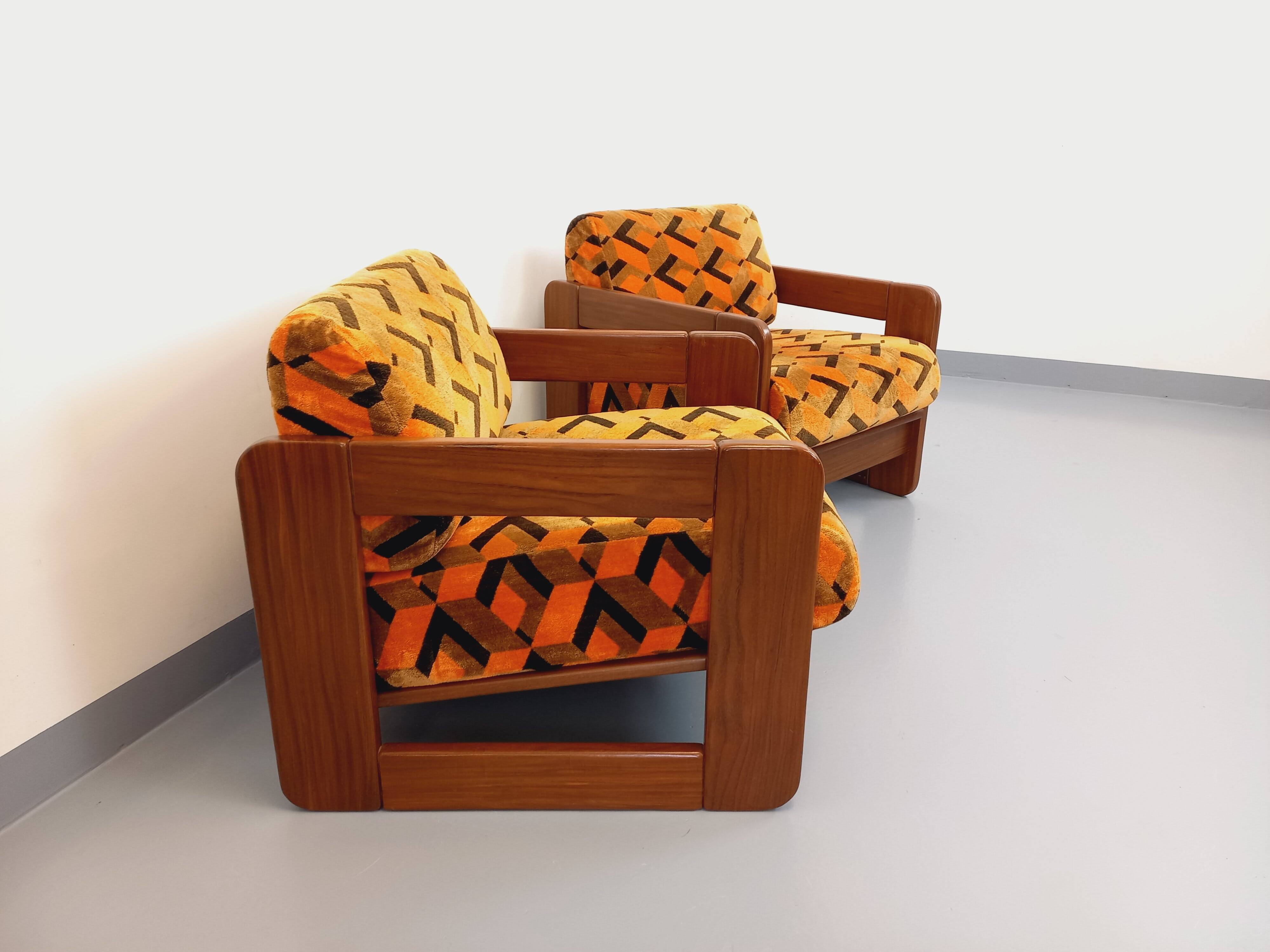 Pair of vintage walnut and velvet fabric sleigh armchairs from the 70s