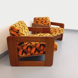 Pair of vintage walnut and velvet fabric sleigh armchairs from the 70s