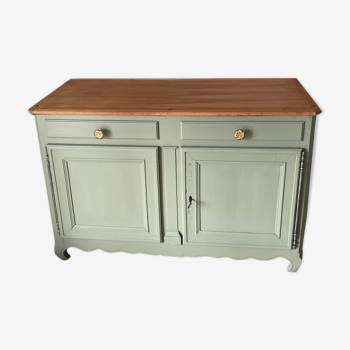 Pastel green low buffet, raw wood tray