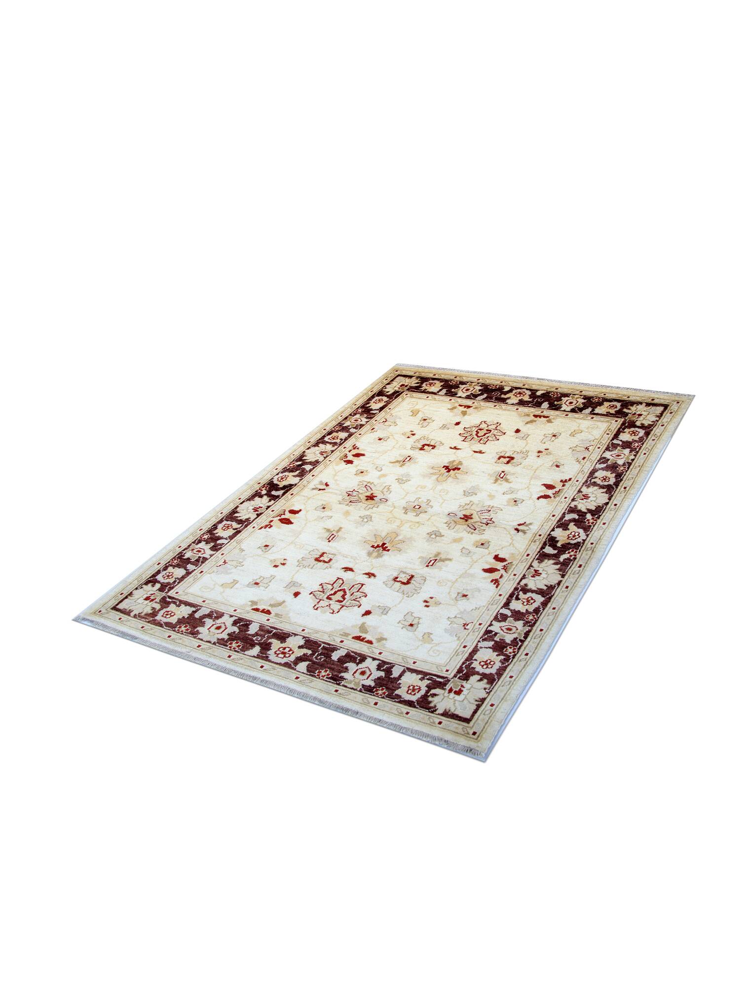 Tapis en laine crème et marron, style oriental traditionnel à motifs floraux, 106 x 150 cm