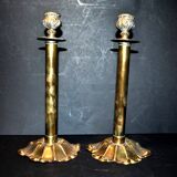 Lot de 2 Bougeoirs flambeaux anciens en laiton doré décor classique
