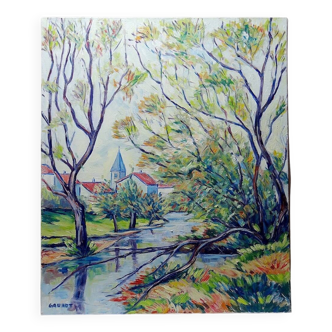 Colorful painting landscape river and village oil on canvas vintage Gaulot
