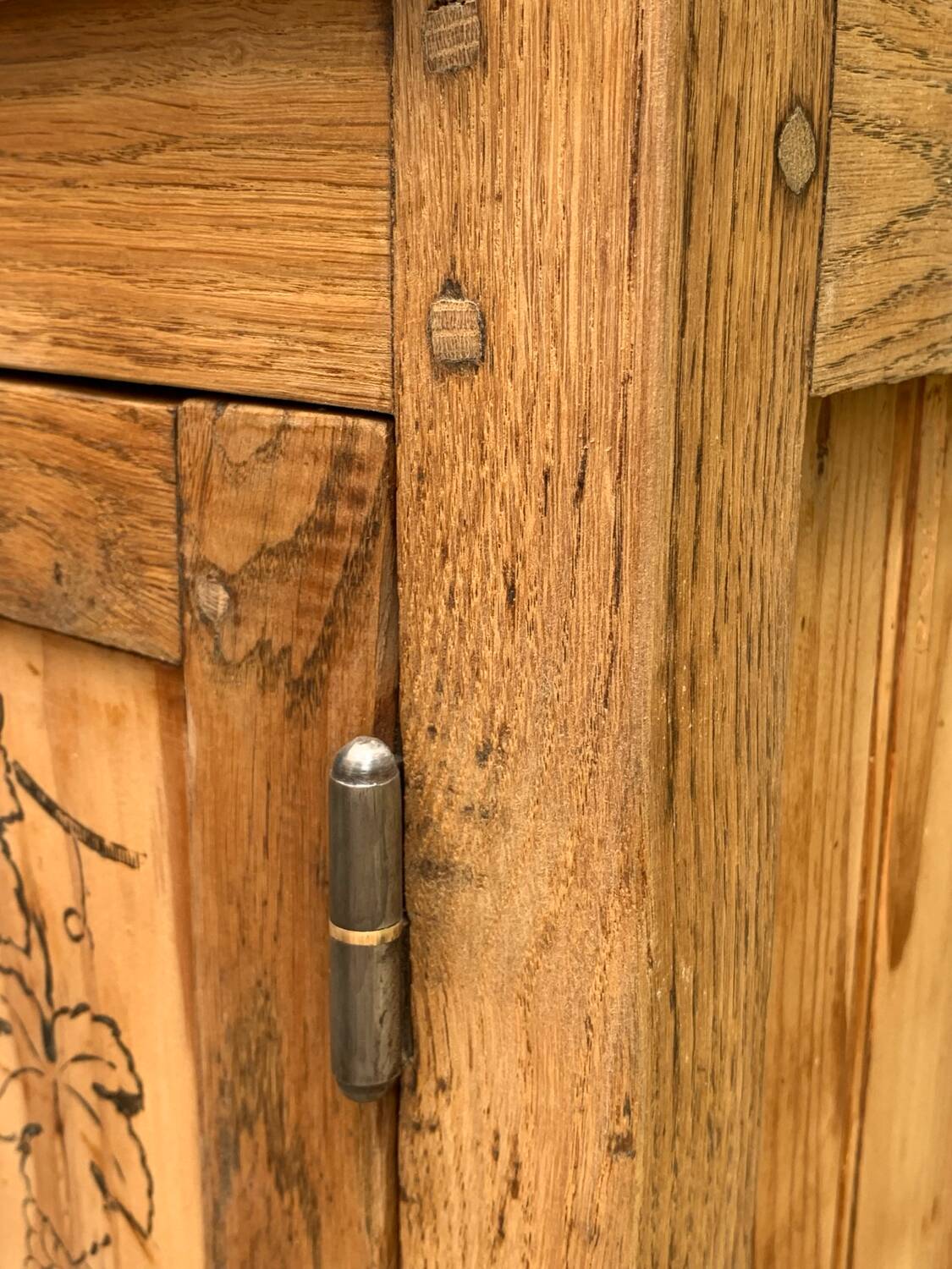 Parisian art deco sideboard in solid raw wood with pyrographed decorations, 1929
