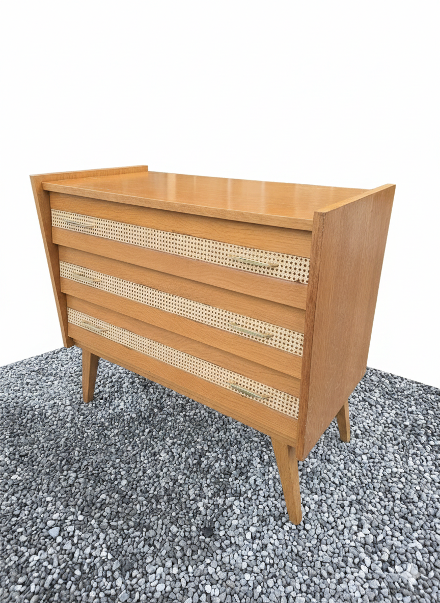 Commode vintage en chêne et cannage des années 60