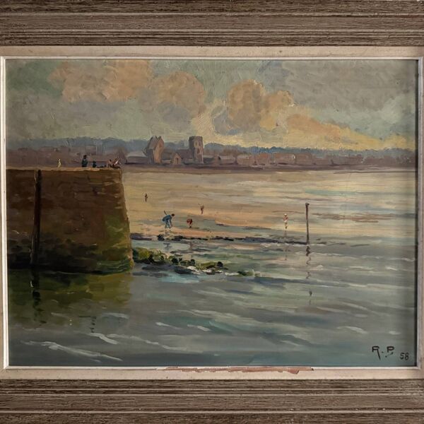 Huile sur Isorel bord de plage avec pêcheurs à pied 1958 par R.P.