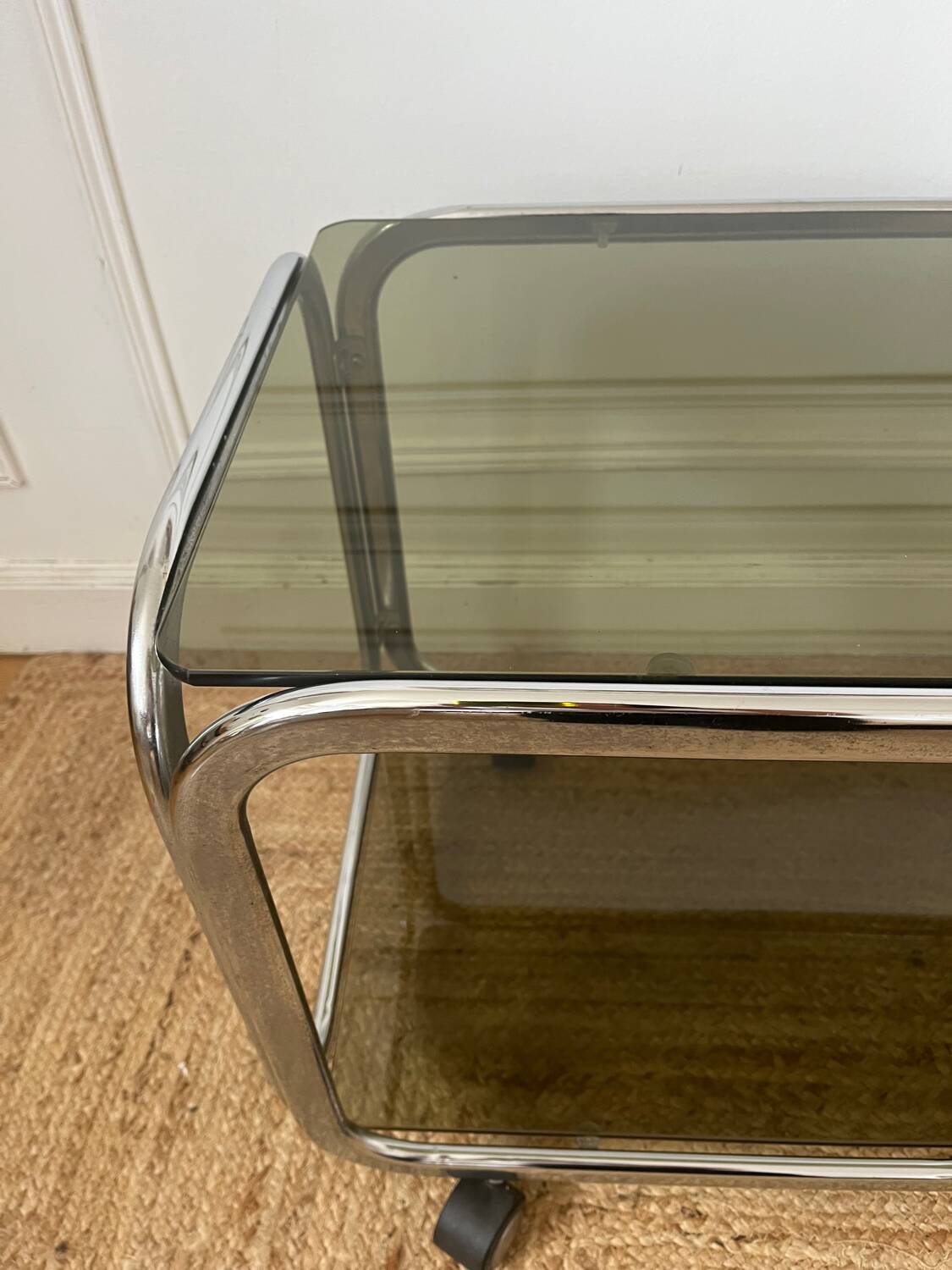 Rolling serving cart in chromed steel and smoked glass, 70s design