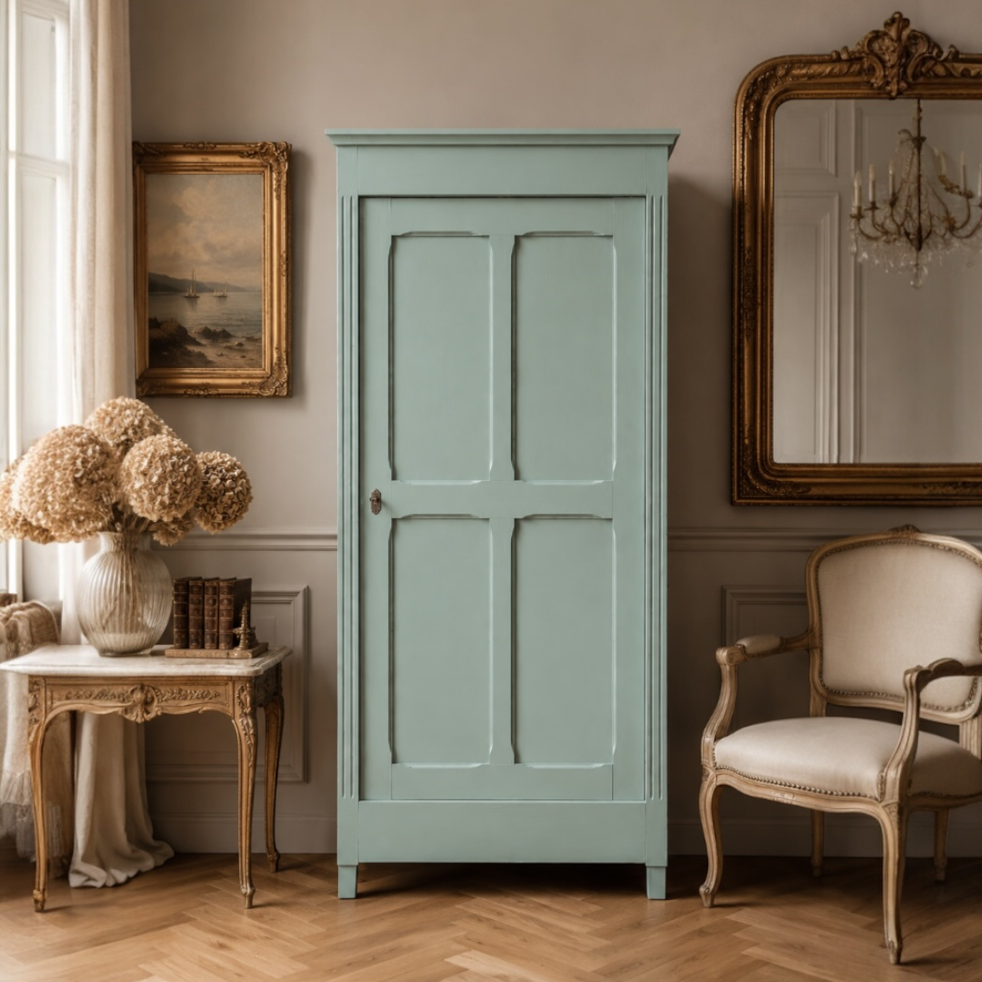Antique Parisian wardrobe in grey-green solid pine.