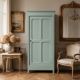 Antique Parisian wardrobe in grey-green solid pine.