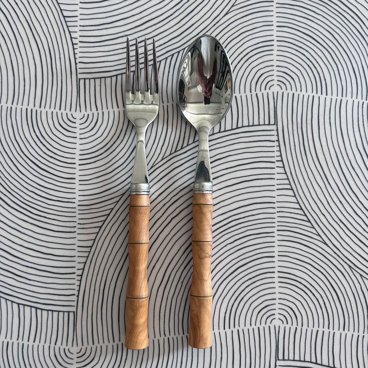 Pair of stainless steel and boxwood cutlery