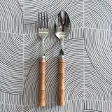 Pair of stainless steel and boxwood cutlery
