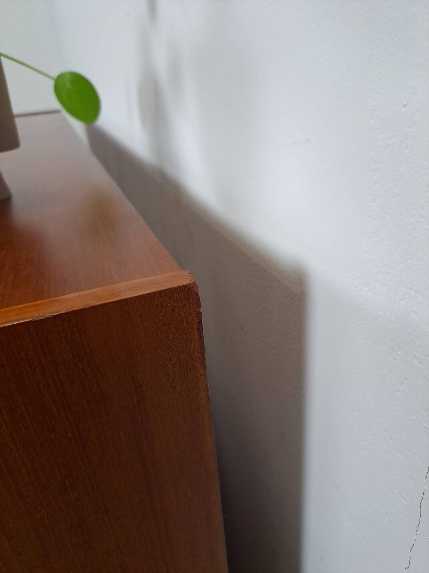 Deens teak brede LP kast met planken, lades en bar met spiegel