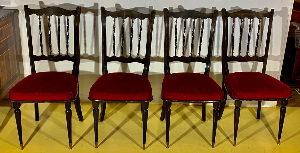 4 CHAIRS Napoleon III, black lacquered, seats Red Velvet