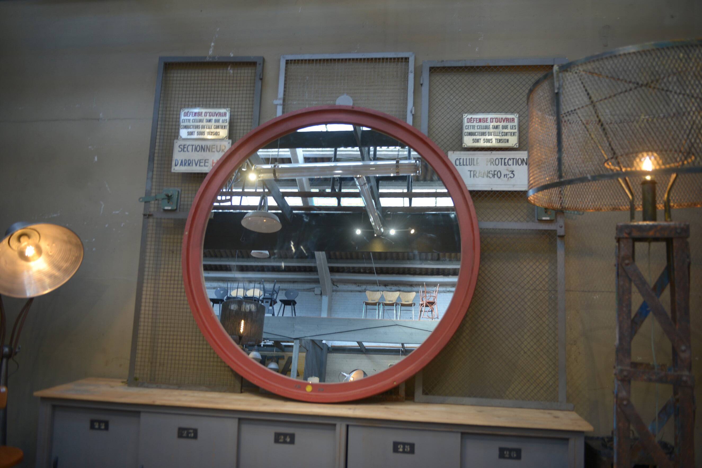 Large Round Industrial Wooden Mirror 1920
