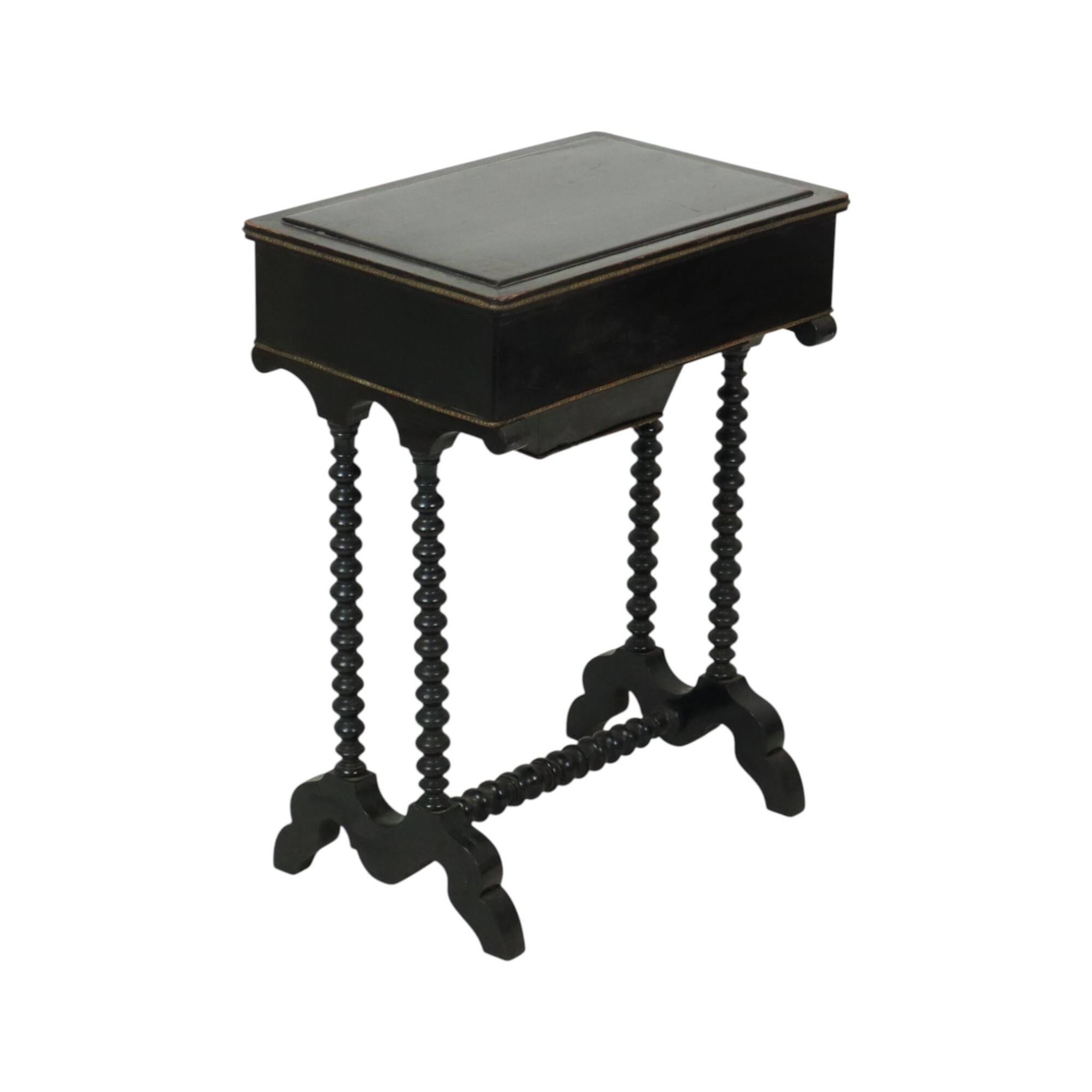 Table de couture antique laquée noire, table d'appoint en acajou, 19e siècle.