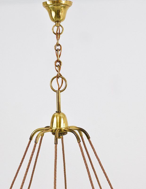 Large Viennese Modernism curved brass wave chandelier by Hugo Gorge, 1940s