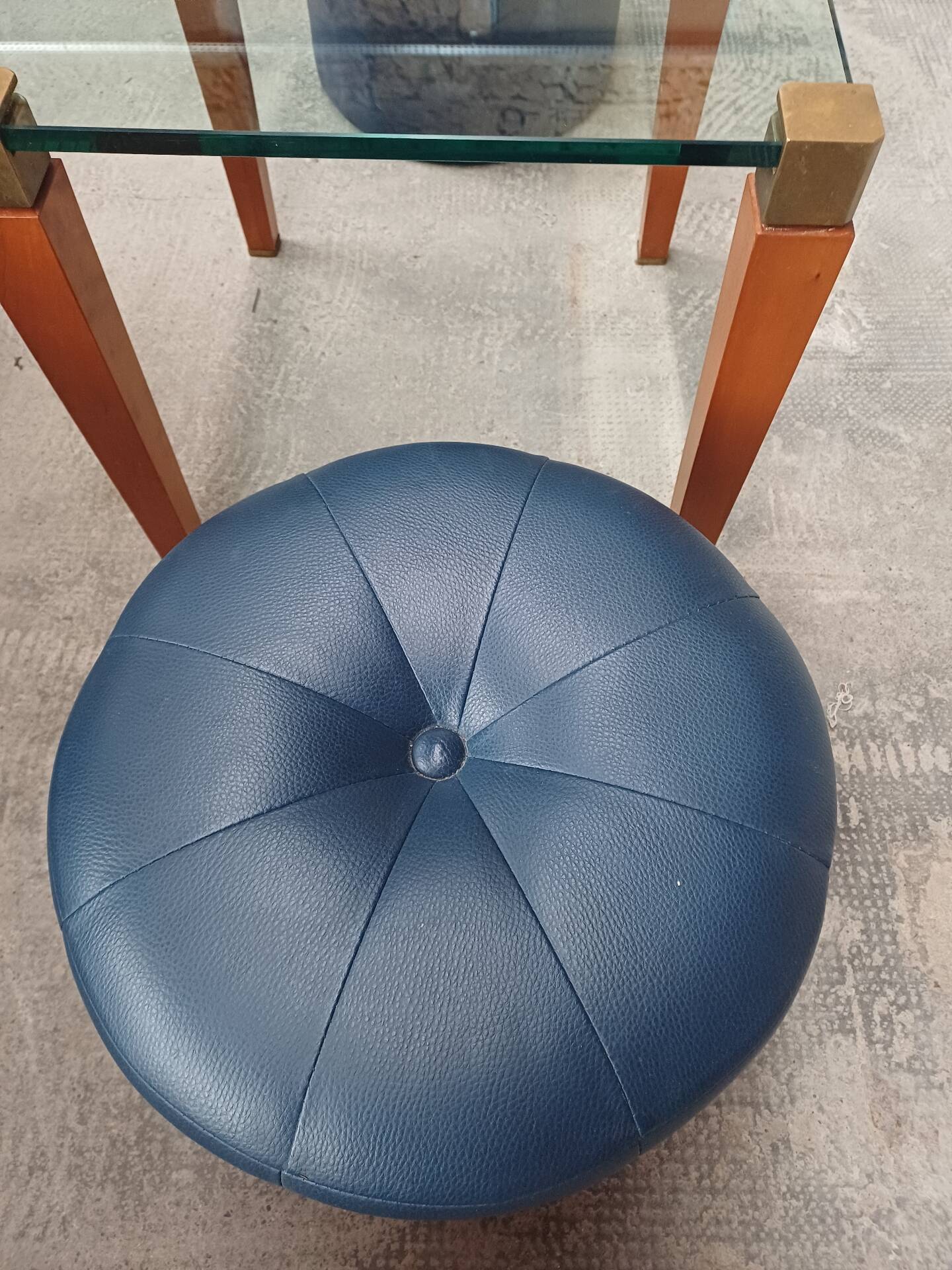 Modernist Design Side Table + 2 Blue Leather Poufs