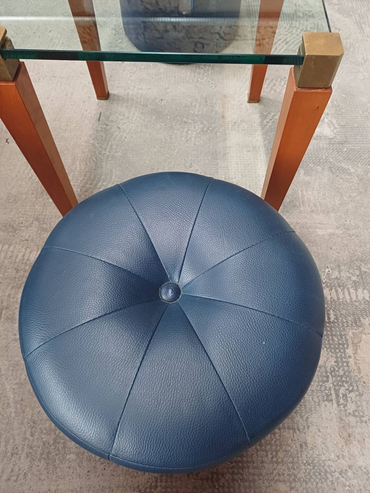 Modernist Design Side Table + 2 Blue Leather Poufs