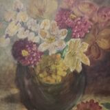 Oil on cardboard signed "Still life with bouquet of flowers" gilded wooden frame