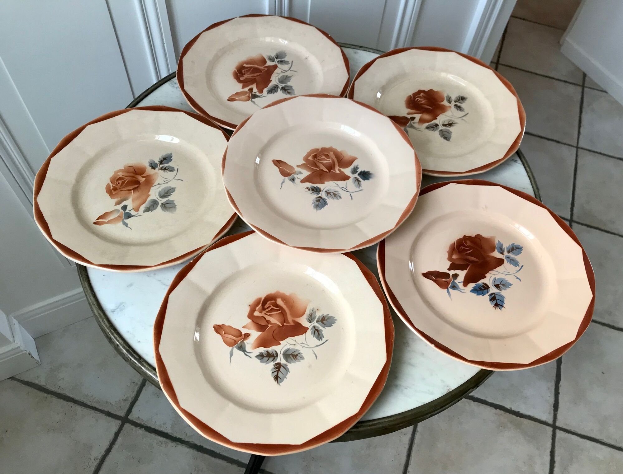 Set of 6 flat plates Digoin Sarreguemines pink flowers years 30-40