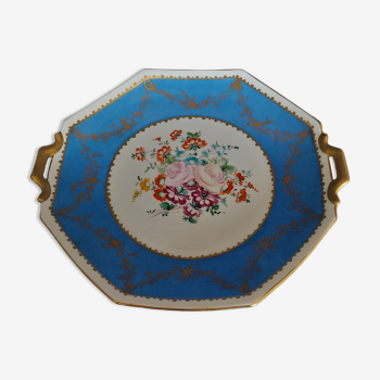 Plat en porcelaine de Limoges Giraud peint à la main bleu et or