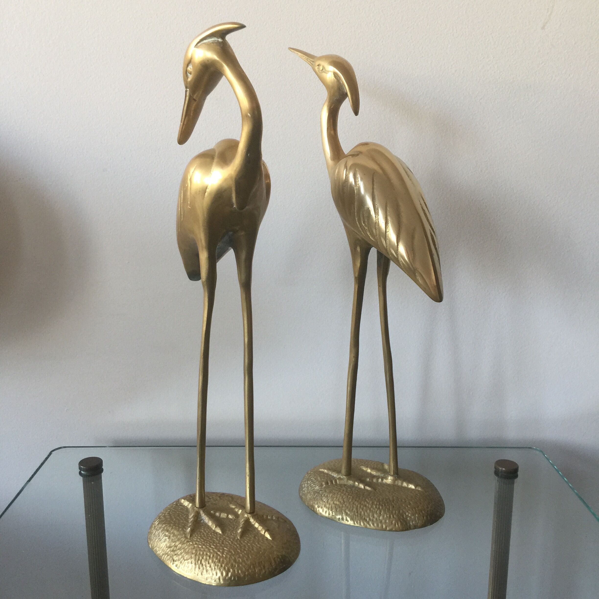 Paire d'oiseaux échassiers aigrettes en laiton