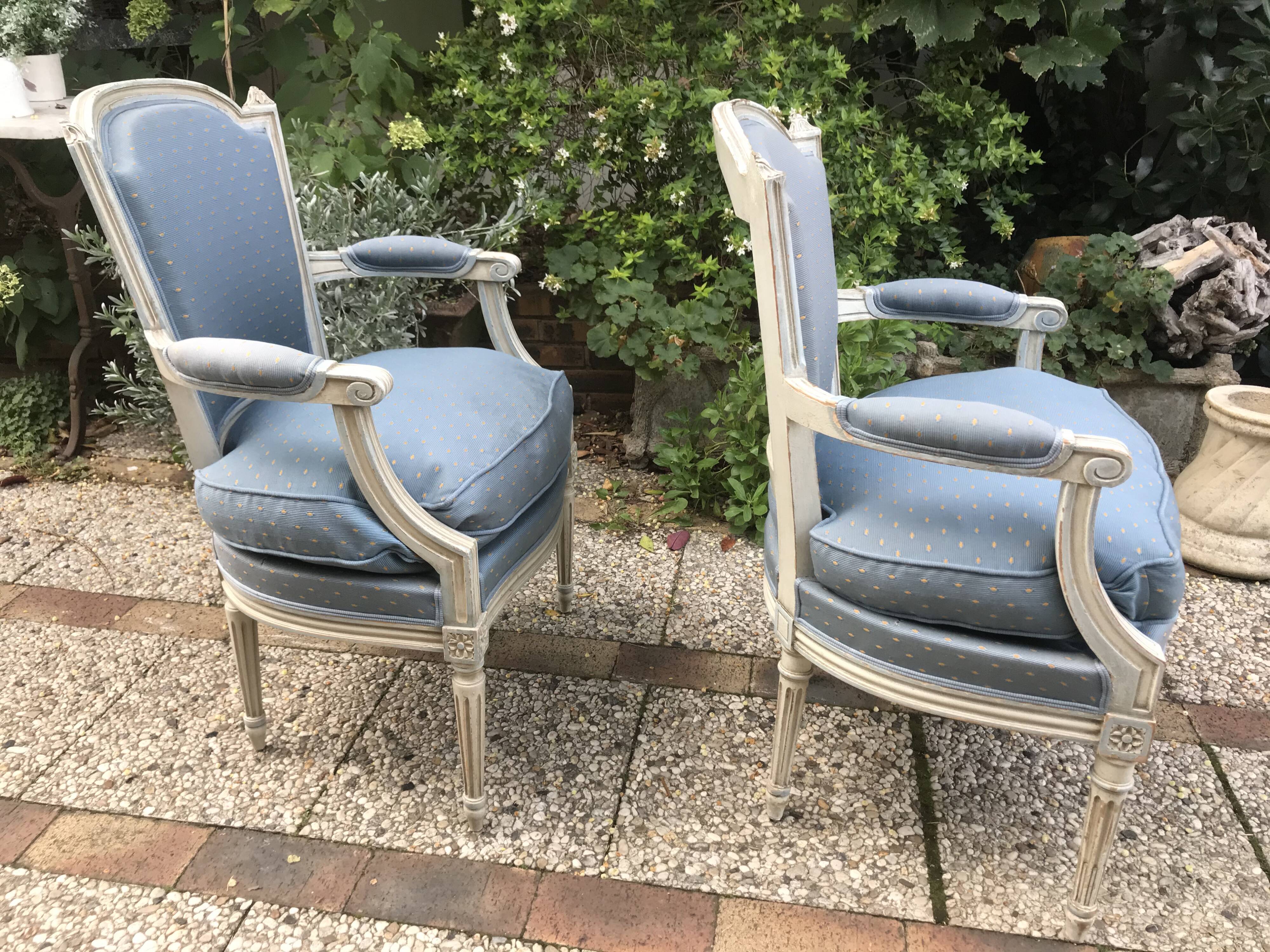 Pair of blue Louis XVI style armchairs