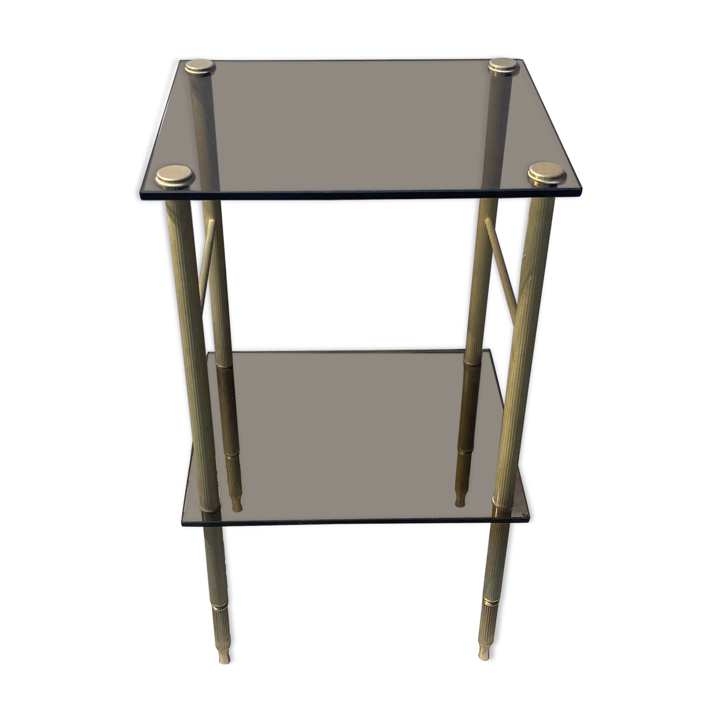 Brass side table and smoked tempered glass