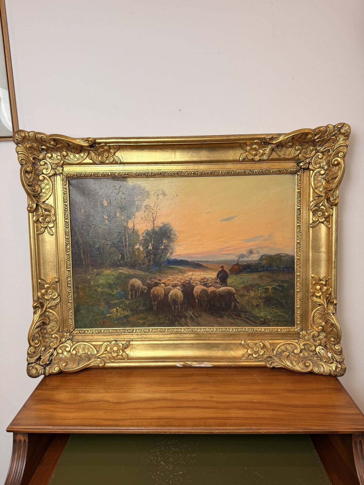 Oil on Canvas Brigitte Langevin (19th-20th Century) – Flock of Sheep