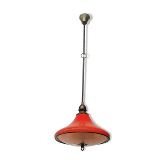 Vintage glass and brass pendant lamp / Italy, 60s