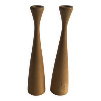 Pair of vintage birch wood candlesticks, Scandinavian design