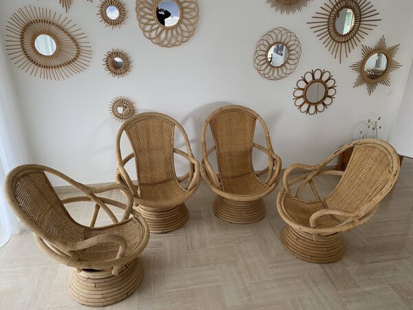 4 fauteuils corbeille pivotants en bambou et rotin