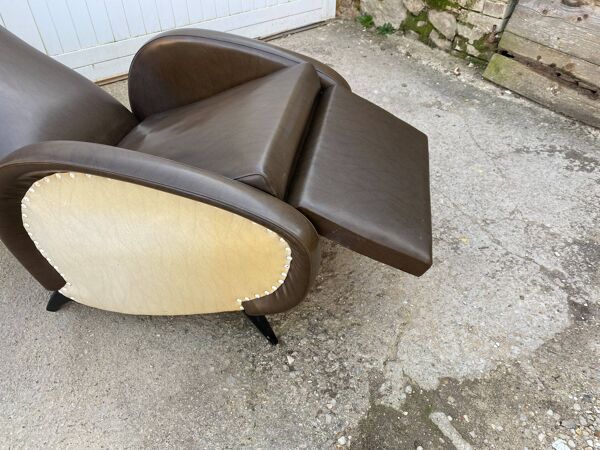Fauteuil lounge inclinable repose pied simili cuir skai vintage 50