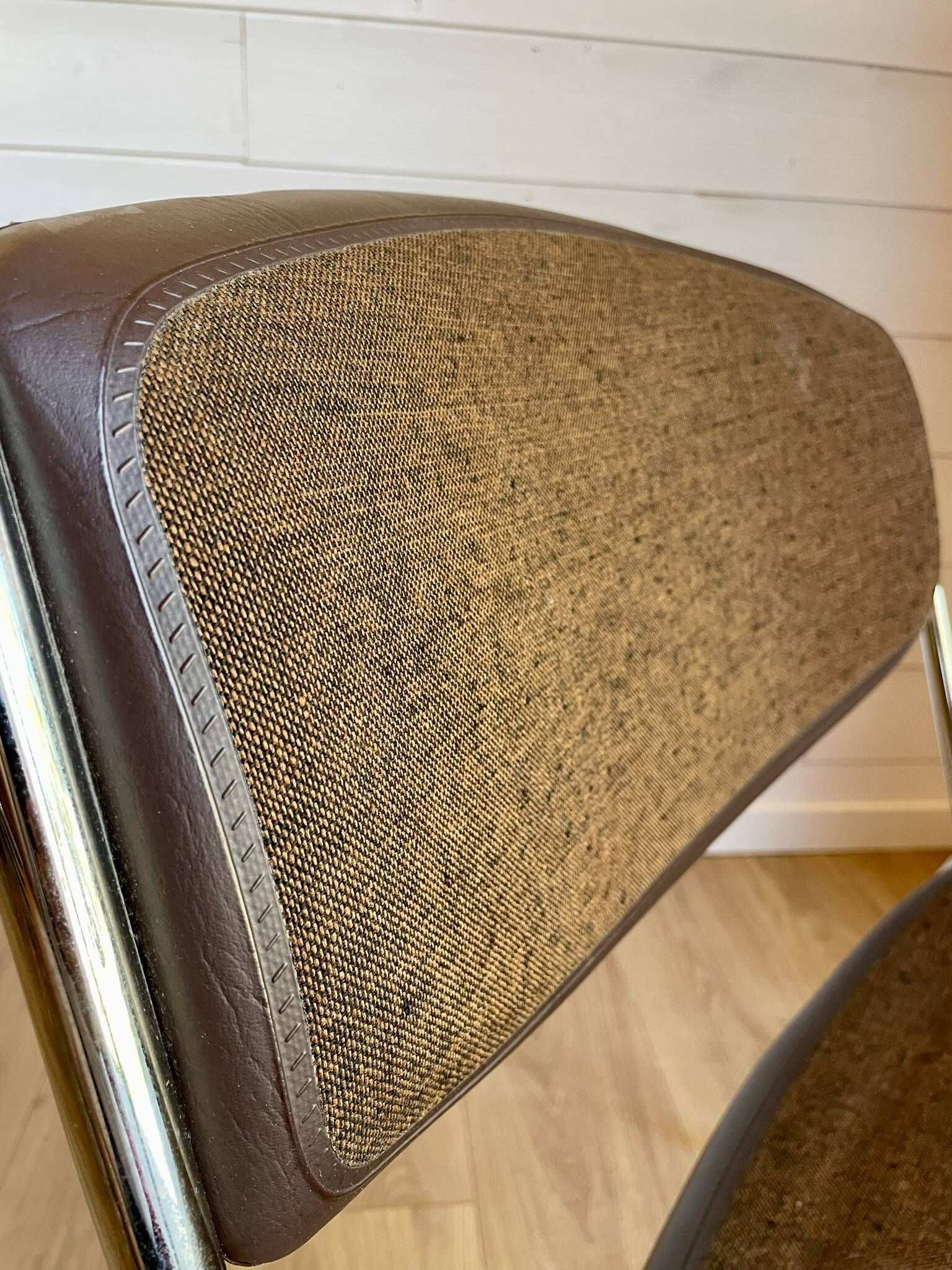 6 chrome sled armchairs Soudexvinyl brown vintage Skaï 70s