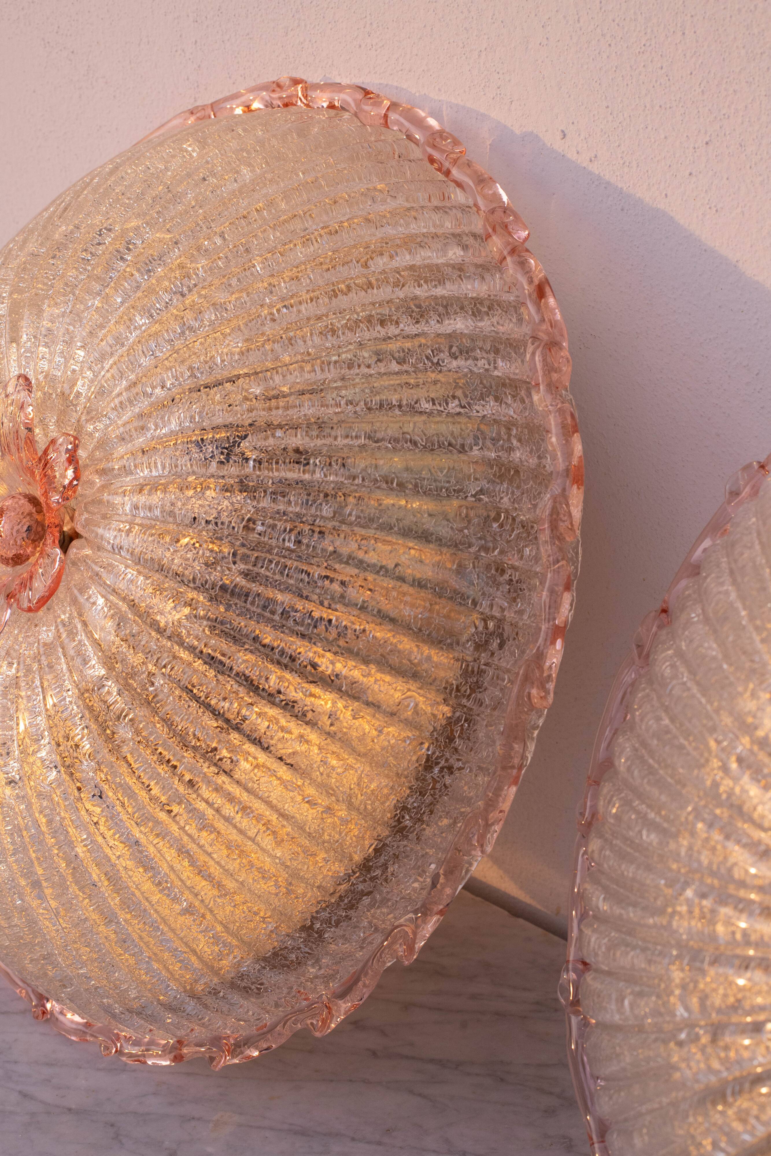 Set of 2 Large Size iItalian Pink and Murano Glass Ceiling Flower