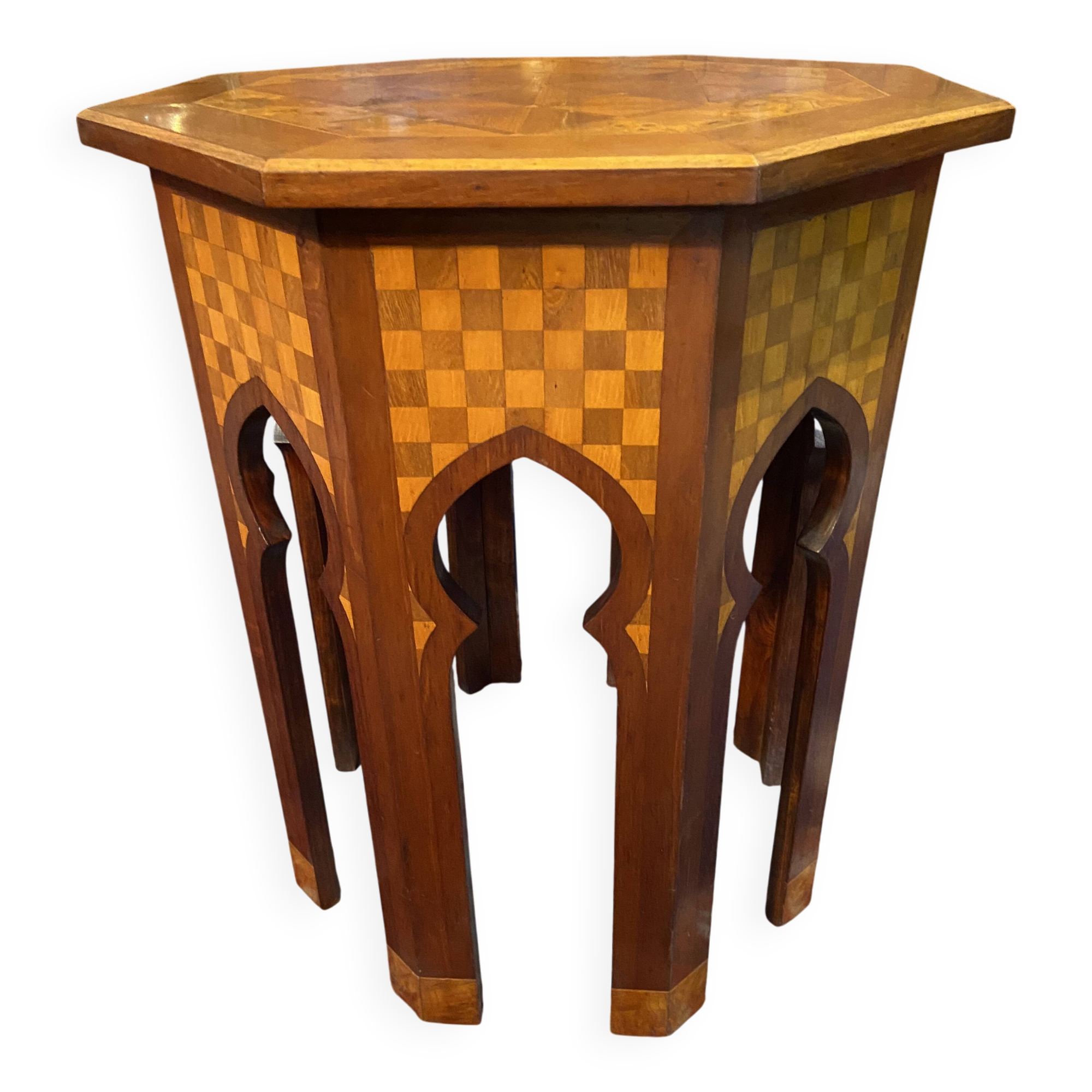 Thuyawood tea table with marquetry decoration.