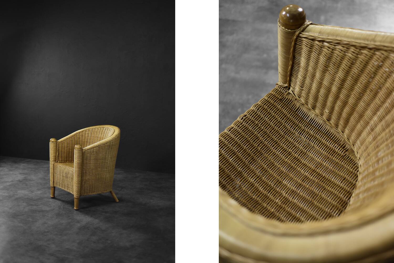 Vintage Mid-Century Italian Modern Boho Rattan Barrel Chair, 1970s