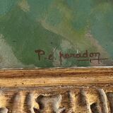 Large oil on panel of a Breton landscape 1950, antique painting signed.