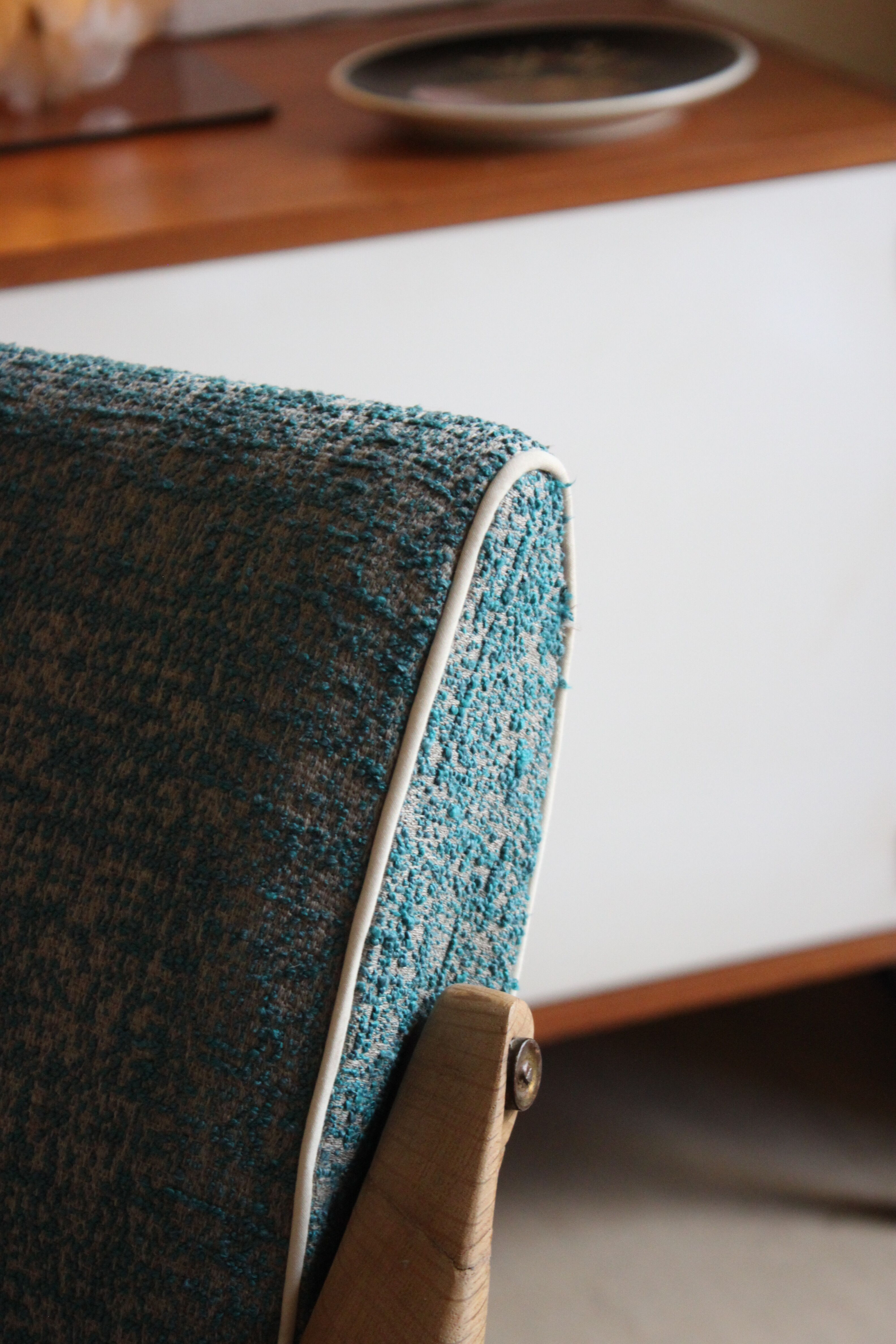 Rare vintage armchair freeform ergonomic compass 1960, Royer, blue