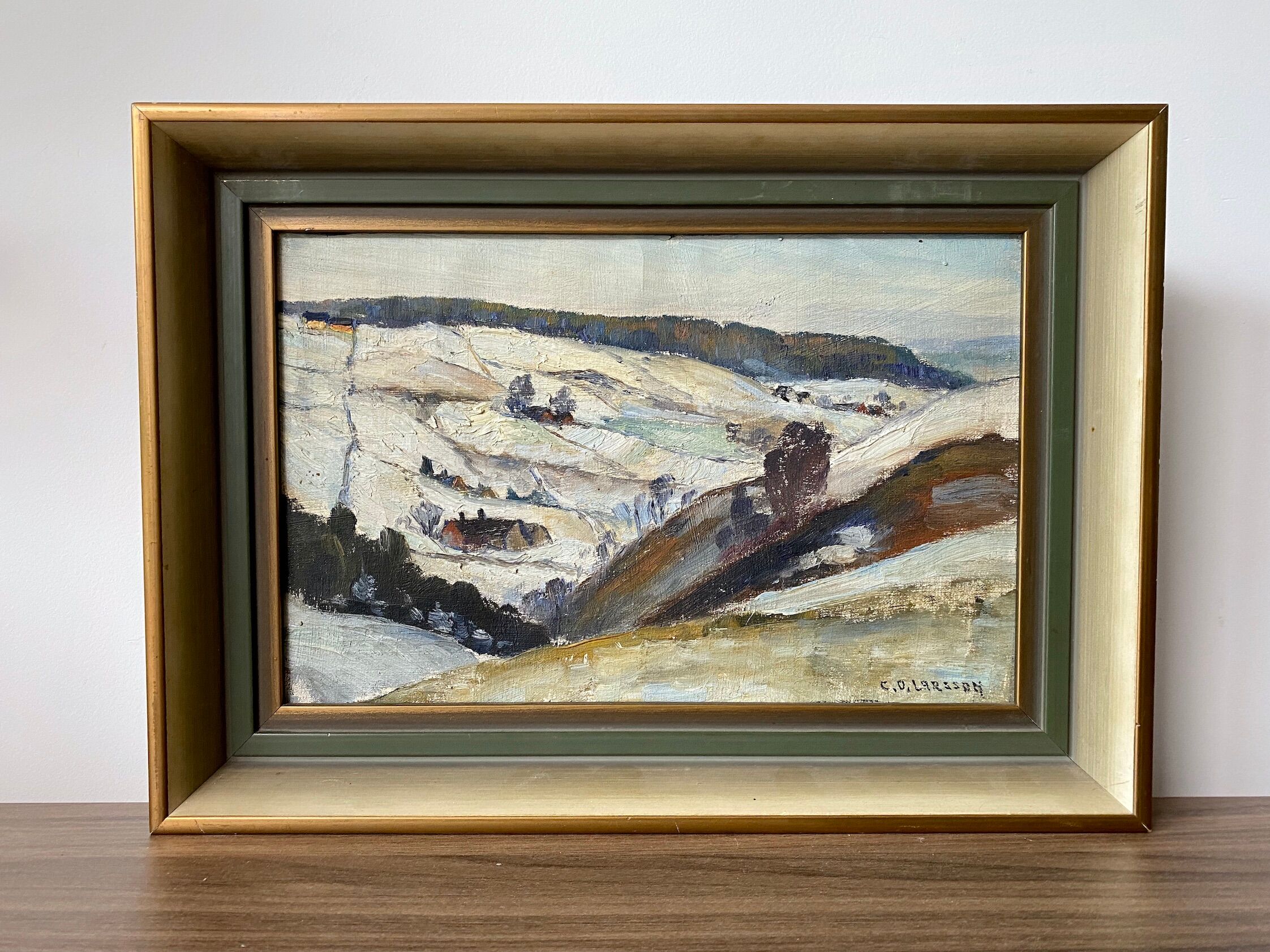 Mid-century modern "mountain views" vintage winter landscape oil painting, framed