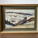 Mid-century modern "mountain views" vintage winter landscape oil painting, framed